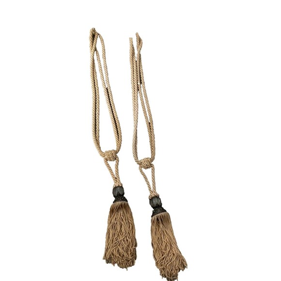 VTG Drapery Curtain Tie Backs Gold Twist Cord Rope Large Tassel Glass Set of 2 - Picture 6 of 10